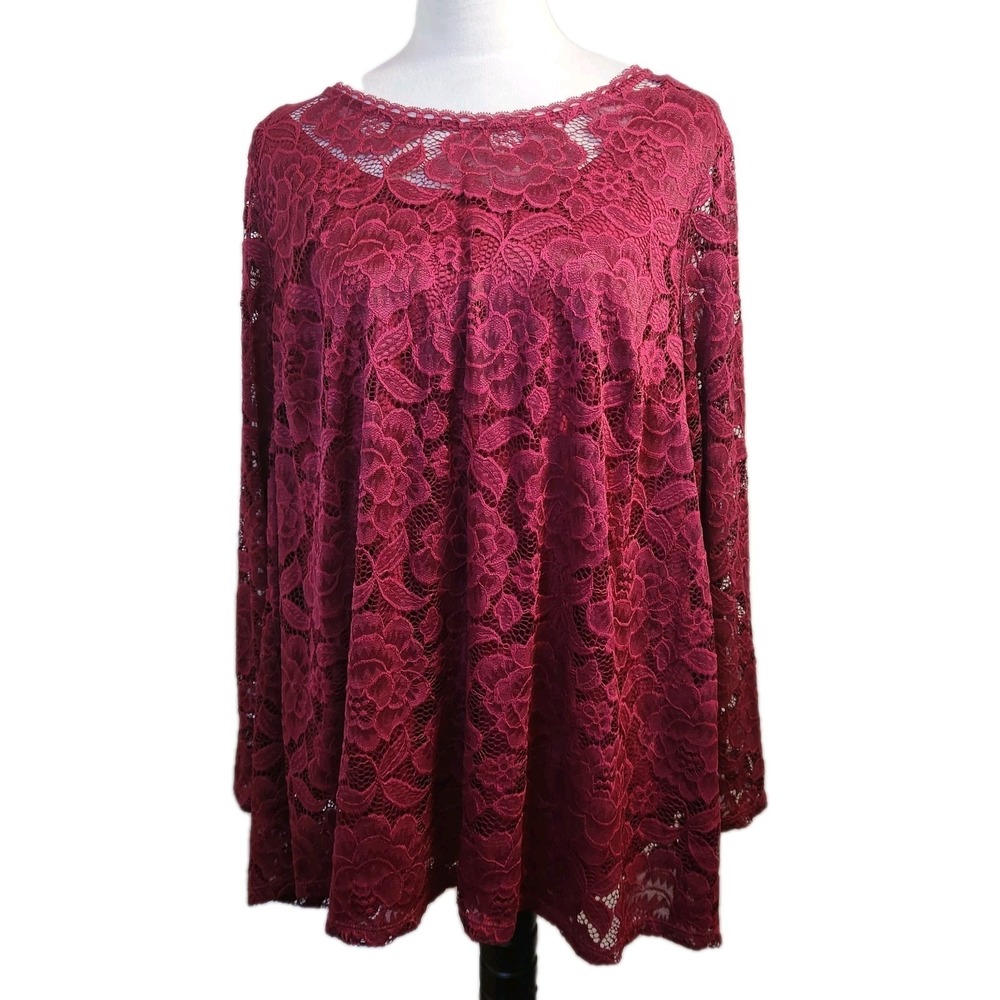 Isaac Mizrahi Live! Womens Top Sz 1X Red Stretch Knit Lace In Spiced Wine Tunic‎